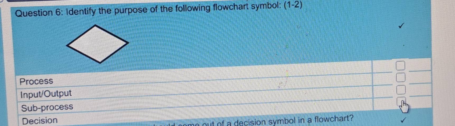 Identify the purpose of the following flowchart symbol: (1-2)
Process
Input/Output
Sub-process
Decision
ot of a decision symbol in a flowchart?