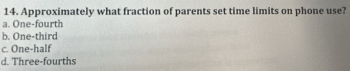 Approximately what fraction of parents set time limits on phone use?
a. One-fourth
b. One-third
c. One-half
d. Three-fourths