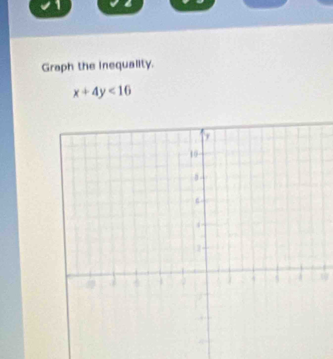 Graph the inequality.
x+4y<16</tex>