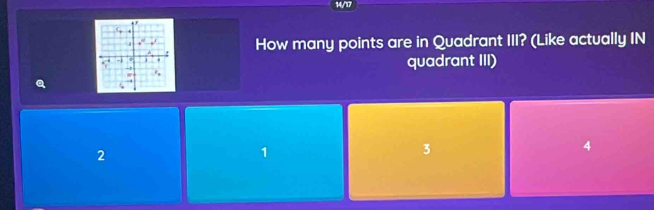 14/17

.
1
How many points are in Quadrant III? (Like actually IN
-
5 quadrant III)
-
w
2
1
3
4