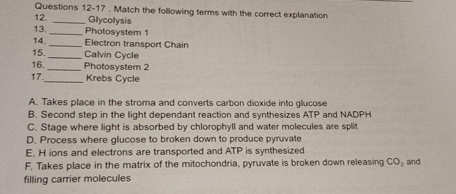 Match the following terms with the correct explanation
12. _Glycolysis
13. _Photosystem 1
14. _Electron transport Chain
15._ Calvin Cycle
16._ Photosystem 2
17._ Krebs Cycle
A. Takes place in the stroma and converts carbon dioxide into glucose
B. Second step in the light dependant reaction and synthesizes ATP and NADPH
C. Stage where light is absorbed by chlorophyll and water molecules are split
D. Process where glucose to broken down to produce pyruvate
E. H ions and electrons are transported and ATP is synthesized
F. Takes place in the matrix of the mitochondria, pyruvate is broken down releasing CO_2 and
filling carrier molecules