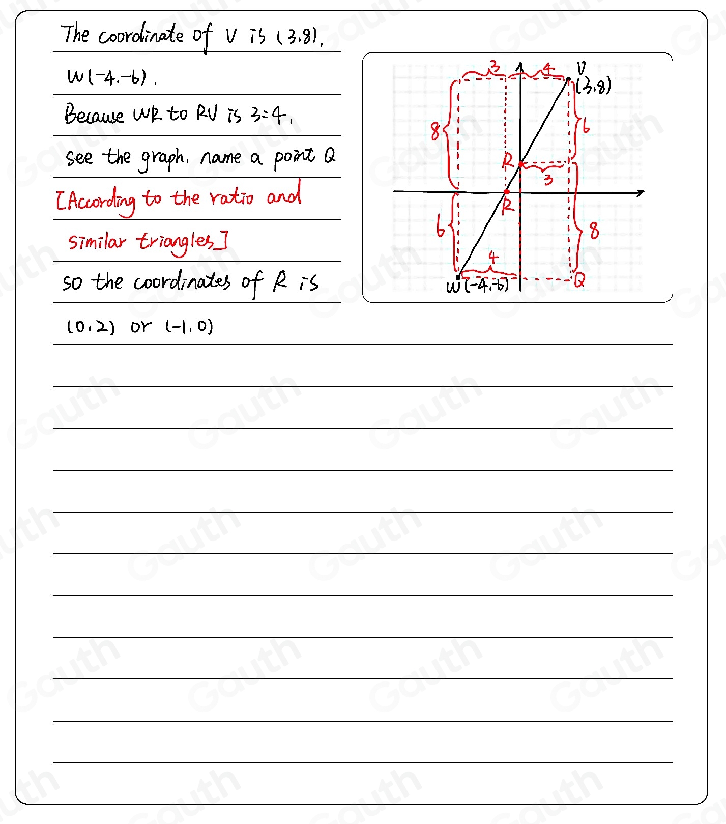 The coordinate of v is (3.8).
W(-4,-6). 
Because WR to RV is 3=4, 
see the graph, name a point Q
[According to the ratio and 
similar triangles. ] 
so the coordinates of R is
(0,2) or (-1,0)