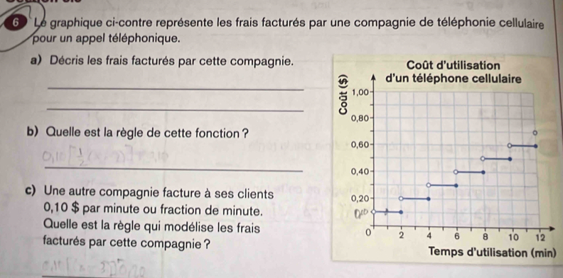 Le graphique ci-contre représente les frais facturés par une compagnie de téléphonie cellulaire
pour un appel téléphonique.
a) Décris les frais facturés par cette compagnie. Coût d'utilisation
d'un téléphone cellulaire
_
_ 1,00
0,80
b) Quelle est la règle de cette fonction ?
。
0,60
_
0,40
c) Une autre compagnie facture à ses clients 0,20
0,10 $ par minute ou fraction de minute.
Quelle est la règle qui modélise les frais o' 2 4 6 8 10 12
facturés par cette compagnie ? Temps d'utilisation (min)