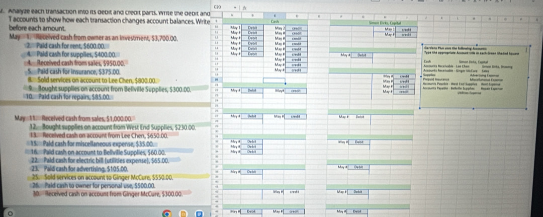 C2O
Analyze each transaction into its debit and credit parts, Write the debit and
D
0
T accounts to show how each transaction changes account balances. Write Canih Simon Dirks, Capétad
h
credit
u   May 1
before each amount. May 1 Debil Debit  My2 credit credit May # credt credt
May  1. Received cash from owner as an investment, $3,700.00. o  May Debit Debit Mary #  uy credit credvt
14
2Paid cash for rent, $600.00. ar= May I Debit Ma I     credit
 
4. Paid cash for supplies, $400.00. May Debit Type the appropriate Account sitle in each Green Shaded Square
May  credit Simon Dirks, Capital
4. Received cash from sales, $950.00. May May # credit credit Accounts Recenable - Lee Ches Cath 'Accounts Receivable - Ginger McCure   Savy Semon Dorks, Drawng
5. Paid cash for insurance, $375.00.  May  May # Supplies Miscallametus Expere =dvertiving Eape===
B Sold services on account to Lee Chen, $800.00. cred ! Accounts Payabls - Weet ed Supphes -  Rest Expene
a
May # credi
9.   Bought supplies on account from Bellville Supplies, $300.00. May # Accounts Payable - Belfville Supphes  Repair Espenon
10.  Paid cash for repairs, $85.00. Debit M ary credit May # cred =tlities Exper
1 
May 11 Received cash from sales, $1,000.00. May # Debit May # _ credi Mury # Deb
12. Bought supplies on account from West End Supplies, $230.00.
13. Received cash on account from Lee Chen, $650.00
=15==Paid cash for miscellaneous expense, $35.00== May # May Debit May #  Debit
16. : Pald cash on account to Bellville Supplies, 560.00. May #
22. Pald cash for electric bill (utilities expense), $65.00. May #_____ Debl
23. Paid cash for advertising, S105.00.
May #
25.  Sold services on account to Ginger McCure, $550.00.
26.  Paid cash to owner for personal use, $500.00. May credit May # Debit
30. Received cash on account from Ginger McCure, $300.00.
Debt May # credi May Debit