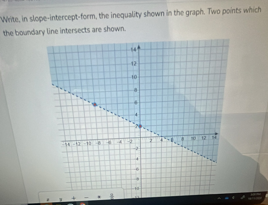 Write, in slope-intercept-form, the inequality shown in the graph. Two points which 
the boundary line intersects are shown. 
y + *  □ /□   120 Ph 
V? 1/20M