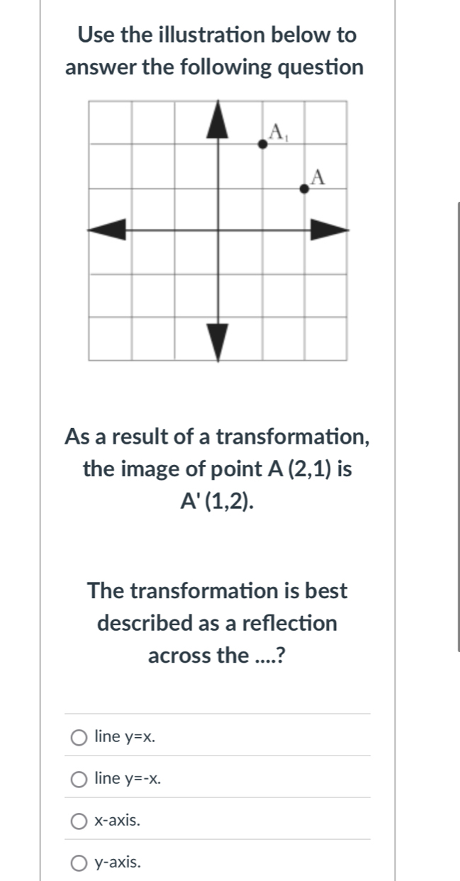 Use the illustration below to
answer the following question
As a result of a transformation,
the image of point A(2,1) is
A'(1,2).
The transformation is best
described as a reflection
across the ....?
line y=x.
line y=-x.
x-axis.
y-axis.