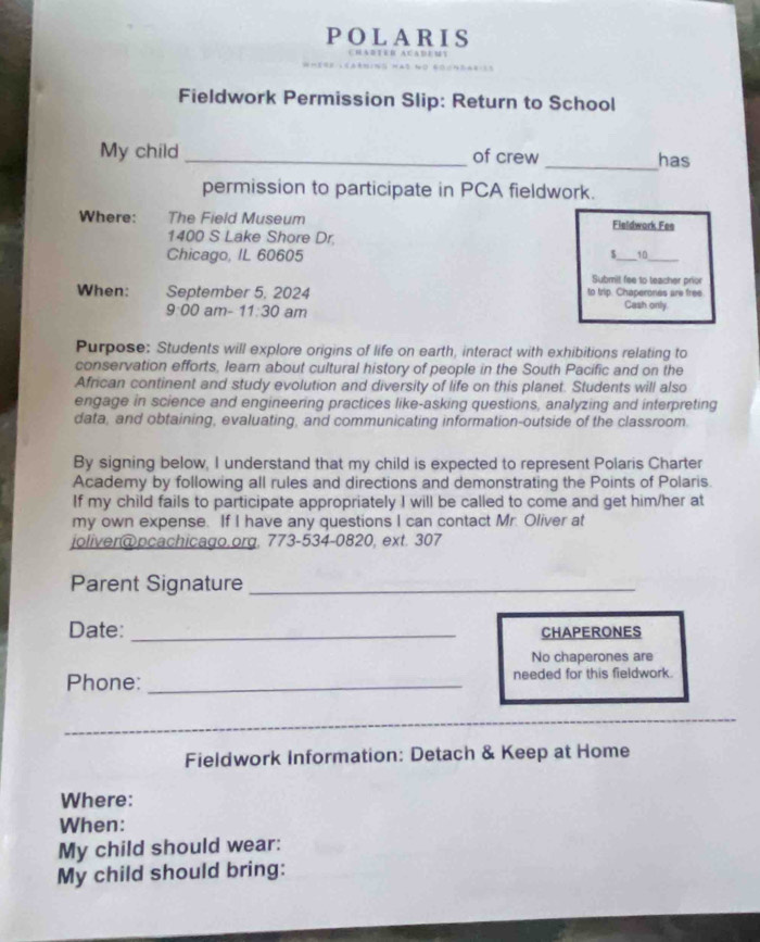 Solved: POLARIS Fieldwork Permission Slip: Return to School My child ...