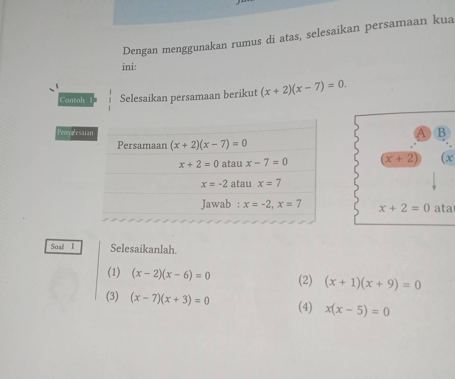 Dengan menggunakan rumus di atas, selesaikan persamaan kua
ini:
Contoh 1 Selesaikan persamaan berikut (x+2)(x-7)=0.
PenyeesaiA) B
(x+2) x
x+2=0 ata
Soal 1 Selesaikanlah.
(1) (x-2)(x-6)=0 (x+1)(x+9)=0
(2)
(3) (x-7)(x+3)=0
(4) x(x-5)=0