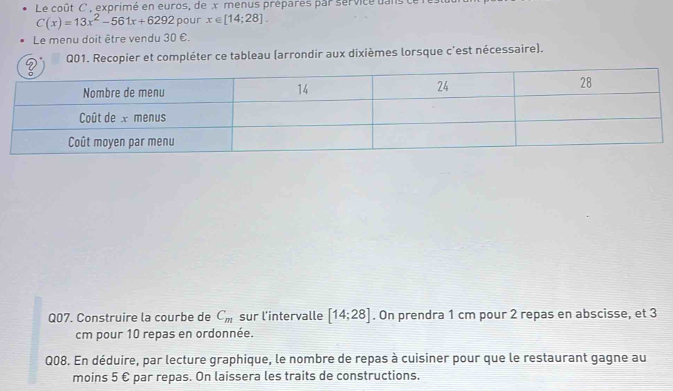 Le coût C , exprimé en euros, de x menus prepares par service dans
C(x)=13x^2-561x+6292 pour x∈ [14;28]. 
Le menu doit être vendu 30 €. 
Q01. Recopier et compléter ce tableau (arrondir aux dixièmes lorsque c’est nécessaire). 
Q07. Construire la courbe de C_m sur l’intervalle [14;28]. On prendra 1 cm pour 2 repas en abscisse, et 3
cm pour 10 repas en ordonnée. 
Q08. En déduire, par lecture graphique, le nombre de repas à cuisiner pour que le restaurant gagne au 
moins 5 € par repas. On laissera les traits de constructions.