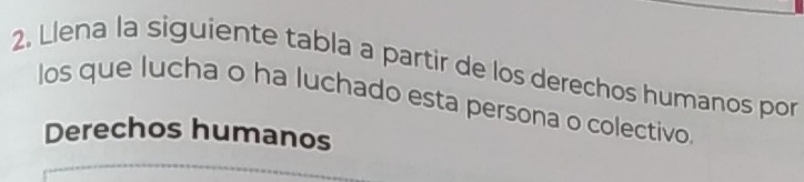 Llena la siguiente tabla a partir de los derechos humanos por 
los que lucha o ha luchado esta persona o colectivo 
Derechos humanos