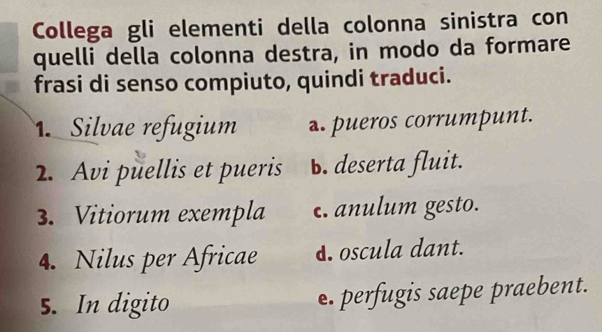 Collega gli elementi della colonna sinistra con
quelli della colonna destra, in modo da formare
frasi di senso compiuto, quindi traduci.
1. Silvae refugium a. pueros corrumpunt.
2. Avi puellis et pueris b. deserta fluit.
3. Vitiorum exempla c. anulum gesto.
4. Nilus per Africae d. oscula dant.
5. In digito e. perfugis saepe praebent.