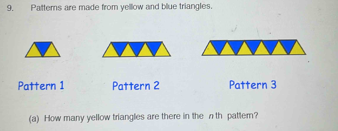 Patterns are made from yellow and blue triangles. 
Pattern 1 Pattern 2 Pattern 3 
(a) How many yellow triangles are there in the nth pattern?