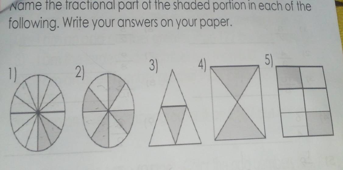 Name the tractional part of the shaded portion in each of the 
following. Write your answers on your paper. 
2