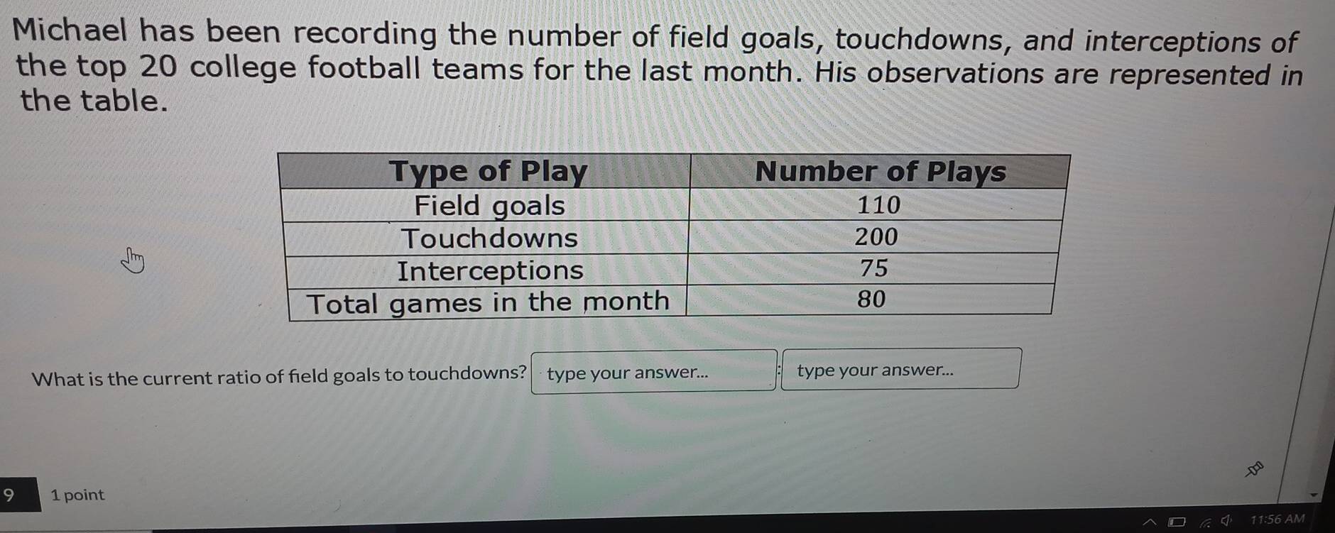 Michael has been recording the number of field goals, touchdowns, and interceptions of 
the top 20 college football teams for the last month. His observations are represented in 
the table. 
What is the current ratio of field goals to touchdowns? type your answer... type your answer... 
9 1 point 
11:56 AM