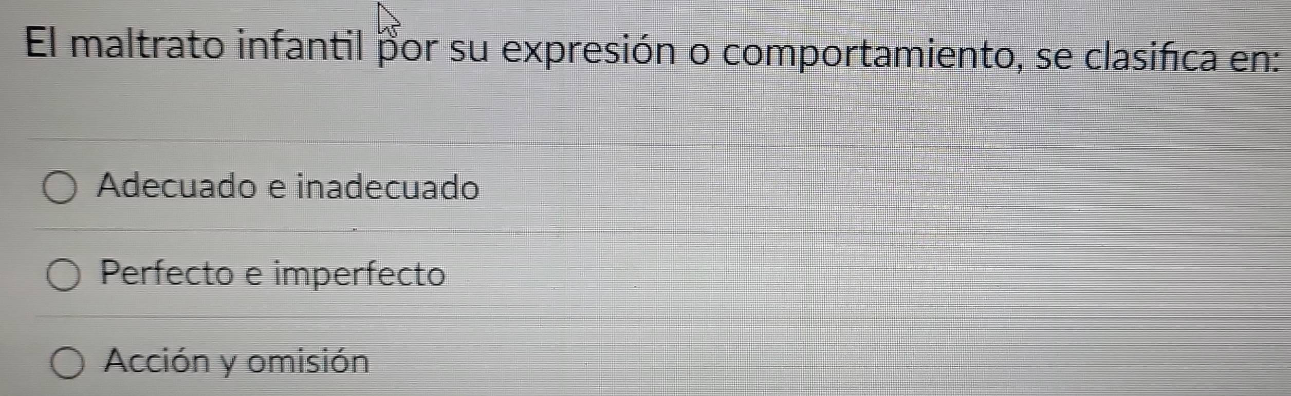 El maltrato infantil por su expresión o comportamiento, se clasifica en:
Adecuado e inadecuado
Perfecto e imperfecto
Acción y omisión