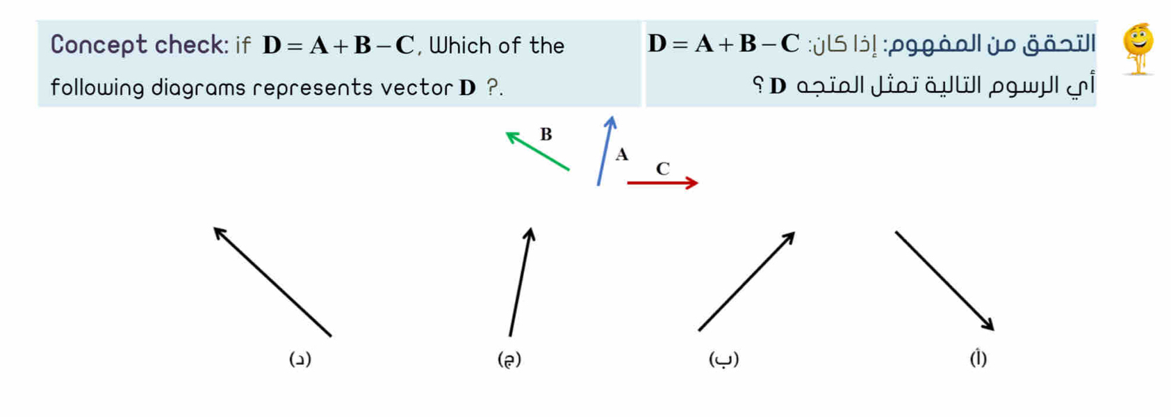 Concept check: if D=A+B-C , Which of the D=A+B-C :ÜLS lう! :pg gòo ]l üo gö¬üll 
following diagrams represents vector D ?. s D azial Jiai äylüll pg wul 
B 
A 
C 
(1) (2) (Q) (1)