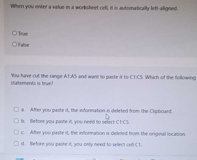 Solved: When you enter a value in a worksheet cell, it is automatically ...