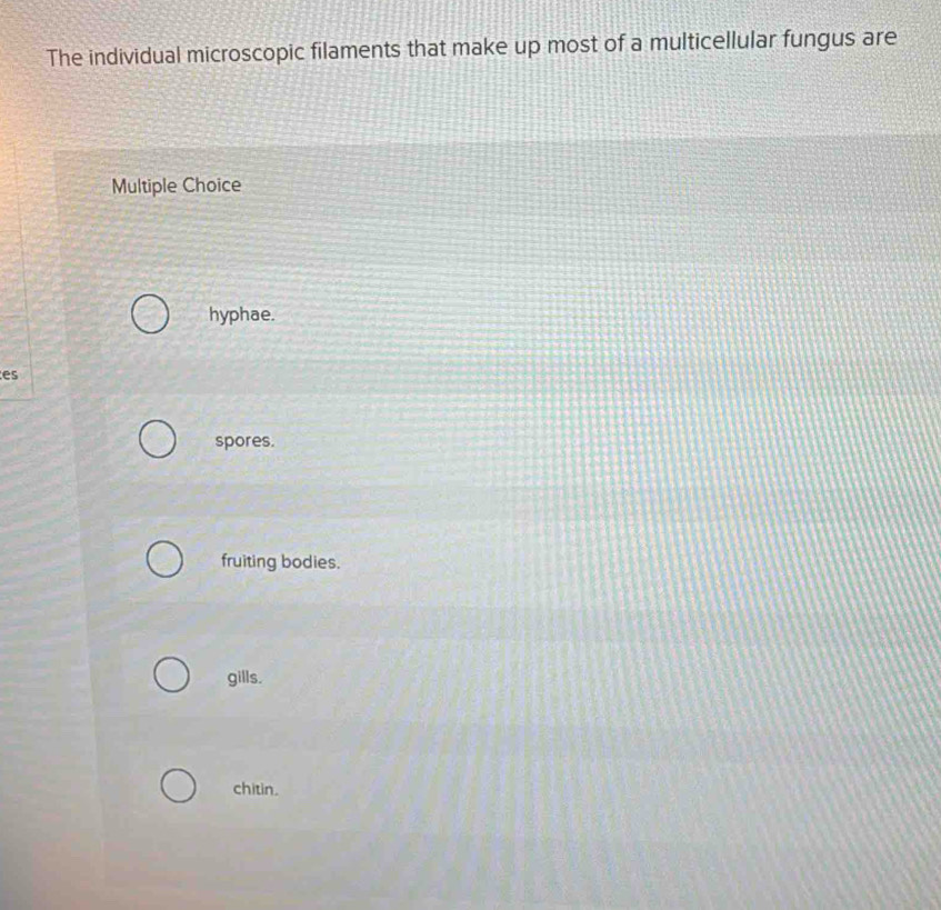 The individual microscopic filaments that make up most of a multicellular fungus are
Multiple Choice
hyphae.
es
spores.
fruiting bodies.
gills.
chitin.