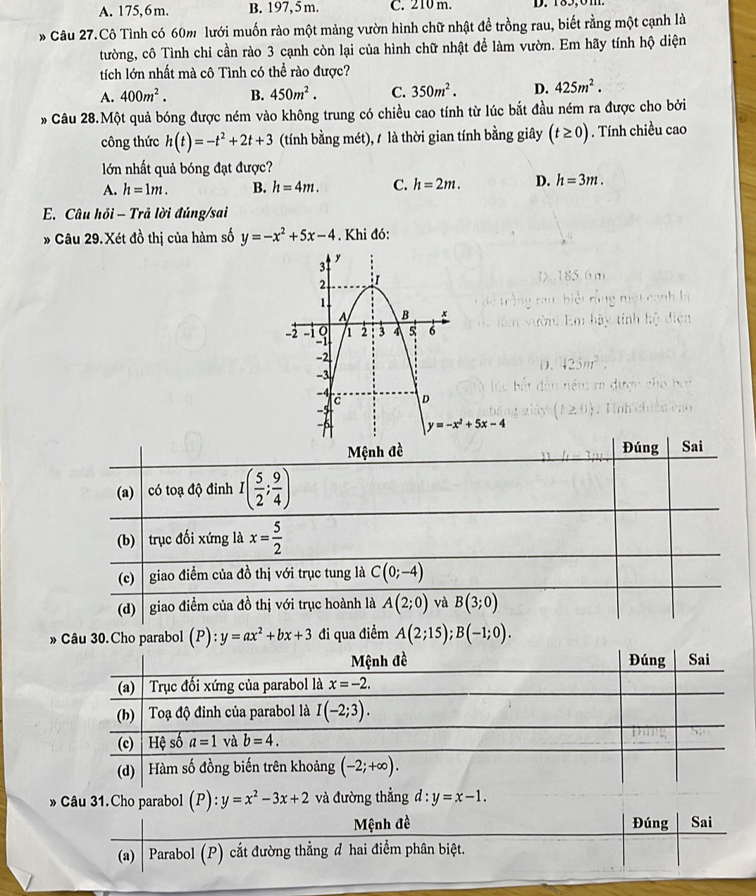 A. 175,6m. B. 197, 5 m. C. 210 m.
* Câu 27.Cô Tình có 60m lưới muốn rào một mảng vườn hình chữ nhật đề trồng rau, biết rằng một cạnh là
tường, cô Tình chi cần rào 3 cạnh còn lại của hình chữ nhật để làm vườn. Em hãy tính hộ diện
tích lớn nhất mà cô Tình có thể rào được?
A. 400m^2. B. 450m^2. C. 350m^2. D. 425m^2.
Câu 28.Một quả bóng được ném vào không trung có chiều cao tính từ lúc bắt đầu ném ra được cho bởi
công thức h(t)=-t^2+2t+3 (tính bằng mét), / là thời gian tính bằng giây (t≥ 0). Tính chiều cao
lớn nhất quả bóng đạt được?
A. h=1m. B. h=4m. C. h=2m. D. h=3m.
E. Câu hỏi - Trả lời đúng/sai
» Câu 29. Xét đồ thị của hàm số y=-x^2+5x-4 Khi đó:
Mệnh đề Đúng Sai
(a) có toạ độ đỉnh I( 5/2 ; 9/4 )
(b)  trục đối xứng là x= 5/2 
(c)   giao điểm của đồ thị với trục tung là C(0;-4)
(d)  giao điểm của đồ thị với trục hoành là A(2;0) và B(3;0)
» Câu 30.Cho parabol (P):y=ax^2+bx+3 đi qua điểm A(2;15);B(-1;0).
» Câu 31.Cho parabol (P):y=x^2-3x+2 và đường thẳng d:y=x-1.
Mệnh đề Đúng Sai
(a)  Parabol (P) cắt đường thẳng đ hai điểm phân biệt.