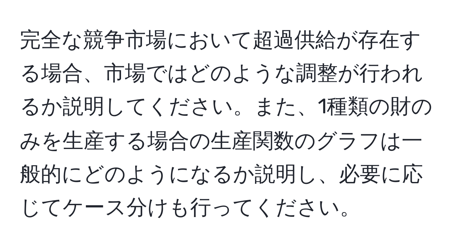 完全な競争市場において超過供給が存在する場合、市場ではどのような調整が行われるか説明してください。また、1種類の財のみを生産する場合の生産関数のグラフは一般的にどのようになるか説明し、必要に応じてケース分けも行ってください。