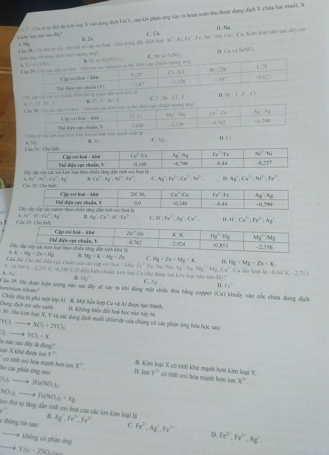 ău 27: Cho từ từ đến dư kim loại X vào dung dịch FeCl,, sau khi phản ứng xây ra hoàn toàn thu được dung dịch Y chứa hai muổi. X
là kim loại náo sau đây? C. Cu. Al^3/Al,Fe^2Fe.Sn^2/Sn. D. Na.
Cu^(2+)Cu
B. Zn.
Câu 28: Cho thư tự sắp xếp một số cập oxi hoa - khứ trong dãy điện hoá: . Kim loại nào sau đây có
A. Mg.
pg địch muối tương ứng?
AC. Sn và FeSO_4. D. Cu và
SnSO_4.

Dãây sắp xếp các ion halid
AB.Cl . F . Br . 1. C. I . Br . Cl , F . 
Trong số các kim loại trên. kim loại có tính khu mạnh nhất là
A. Mg B. Zn. C. Ag.
D. Li.
Dãy sắp xế
A. Fe^(2+):Ni^(2+):Cu^(2+):Ag^+. B. Cu^(2+):Ag^+:Ni^(2+):Fe^(2+). C. Ag^+:Fe^(2+):Cu^(2+):Ni^(2+). D. Ag^+:Cu^(2+):Ni^(2+):Fe^(2+).
Câu 32: Cho biết:
D
A. Fe^(2+):H^+:Cu^(2+);Ag^-. B. Ag^+:Cu^(2+):H^+:Fe^(2+). C. H^+;Fe^(2+);Ag^+:Cu^(2+). D. H^+:Cu^(2+):Fe^(2+):Ag^+.
n h  Câu 33: Cho biết:
Dãy
B. Mg C. Hg D. Hg
Câu 34: Cho thể điện cực chuẩn của các cặp oxi hoá - khứ: Fe^(2+)/Fe. Na/ Na.Ag /Ag.Mg^(2+)/Mg.Cu^(2+) Cu lần lượt là -0.44 V. -2,713
V. +0.799 V. −2.353 V. +0.340 V. O điều kiện chuẩn. kim loại Cu khử được ion kim loại nào sau đây?
A. Na B. Mg^(2+). C. Ag^-
D. Fe^(2+),
luminium nitrate?  Câu 35: Dự đoán hiện tượng nào sau đây sẽ xảy ra khi dùng một chiếc thìa bằng copper (Cu) khuấy vào cốc chứa dung dịch
Chiếc thia bị phú một lớp Al. B. Một hỗn hợp Cu và Al được tạo thành.
Dung dịch trở nên xanh. D. Không biển đồi hoá học nào xãy ra.
36: Hai kim loại X, Y và các dung dịch muối chloride của chúng có các phản ứng hóa học sau:
YCl_3to XCl_2+2YCl_2.
Cl_2to Cl_2+X.
su nào sau đây là đúng?
loại X khứ được ion Y^(2+). B. Kim loại X có tính khử mạnh hơn kim loại Y.
* có tính oxi hóa mạnh hơn ion X^(2+). D. Ion Y^(2+) có tính oxi hóa mạnh hơn ion X^(2+).
Tho các phản ứng sau:
O_3)_3to 3Fe(NO_3)_2;
(NO_3)_2to Fe(NO_3)_3+Ag.
neo thứ tự tăng dần tính oxi hoá của các ion kim loại là
e^(3+).
c thông tin sau:
B. Ag^+,Fe^(3+),Fe^(2+). Fe^(2+),Ag^+,Fe^(3+). Fe^(2+),Fe^(3+),Ag^+.
C.
D.
không có phán ứng
Y(s)+ZSO,tan