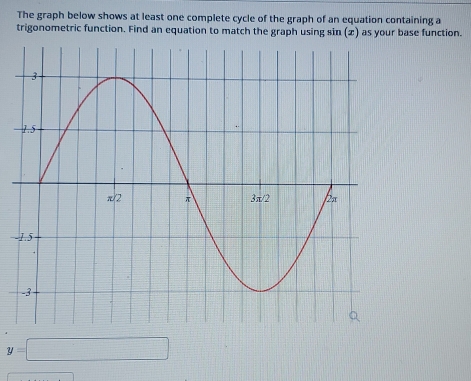 The graph below shows at least one complete cycle of the graph of an equation containing a
trigonometric function. Find an equation to match the graph using sin se function.
-
y=□