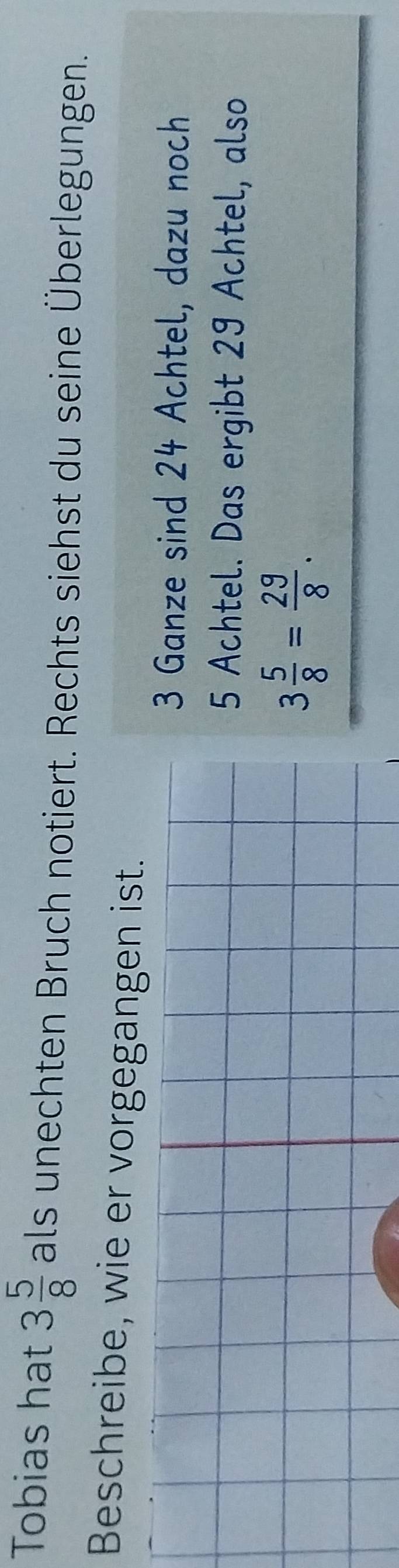 Tobias hat 3 5/8  als unechten Bruch notiert. Rechts siehst du seine Überlegungen. 
Beschreibe, wie er vorgegangen ist. 
3 Ganze sind 24 Achtel, dazu noch
5 Achtel. Das ergibt 29 Achtel, also
3 5/8 = 29/8 .