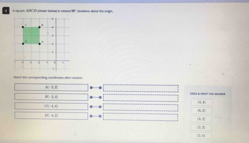 A square ABCD (shown below) is rotated clockwise about the origin. 90°
Match the corresponding coordinates after rotation.
A(-2,2)
GRAG & DROP THE ANSWER
B(-2,4)
(4,4)
C(-4,4)
(6,2)
D(-4,2)
(4,2)
(2,2)
(2,4)