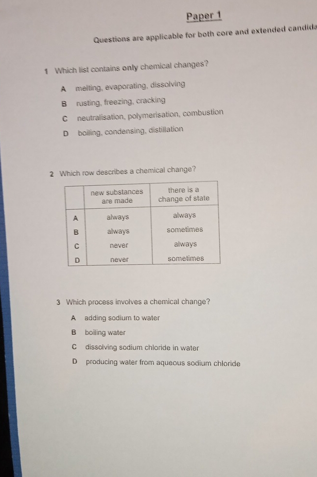 Paper 1
Questions are applicable for both core and extended candida
1 Which list contains only chemical changes?
A melting, evaporating, dissolving
B rusting, freezing, cracking
C neutralisation, polymerisation, combustion
D boiling, condensing, distillation
2 Which row describes a chemical change?
3 Which process involves a chemical change?
A adding sodium to water
B boiling water
C dissolving sodium chloride in water
D producing water from aqueous sodium chloride