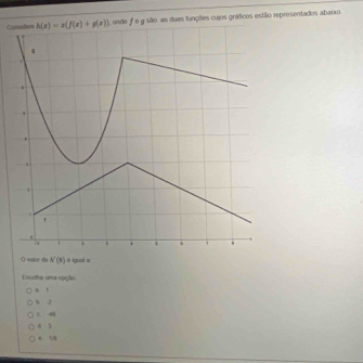 Co ), onde f e g sião as duas fanções cujos gráficos estião representados abairo
O valor de h'(t) é igual =
Escotha uma ooção
a t
n 3
C. 0
e 3