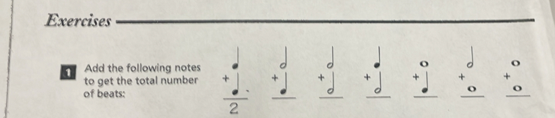 Add the following notes 
to get the total number beginarrayr 0 +□  hline endarray beginarrayr d + o hline end(array)° beginarrayr 0 + 0 hline endarray
of beats:
^+d^+j
frac 2