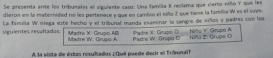 Se presenta ante los tribunales el siguiente caso: Una familia X reclama que cierto niño Y que les 
dieron en la maternidad no les pertenece y que en cambio el niño Z que tiene la familia W es el suyo. 
La familia W niega este hecho y el tribunal manda examinar la sangre de niños y padres con los 
siguientes resultados: Madre X : Grupo AB Padre X : Grupo O Niño Y: Grupo A 
Madre W; Grupo A Padre W: Grupo C Niño Z: Grupo O 
A la vista de éstos resultados ¿Qué puede decir el Tribunal?