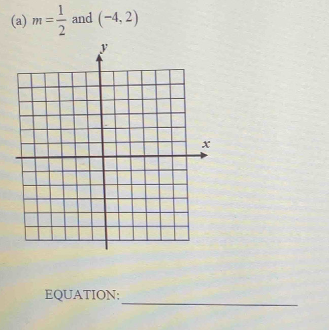 m= 1/2  and (-4,2)
_ 
EQUATION: