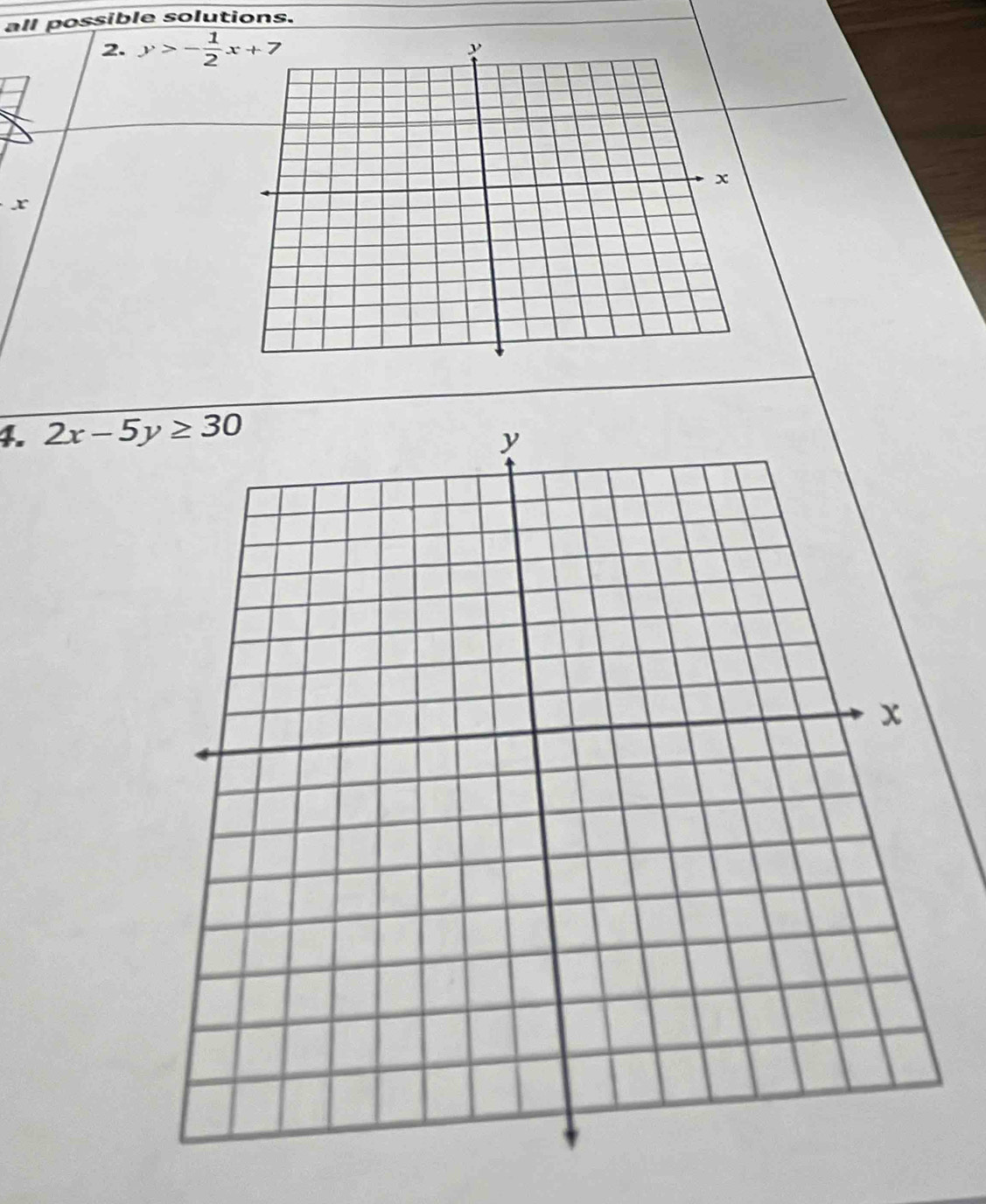 all possible solutions.
2. y>- 1/2 x+7
x
4. 2x-5y≥ 30