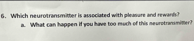 Which neurotransmitter is associated with pleasure and rewards? 
a. What can happen if you have too much of this neurotransmitter?