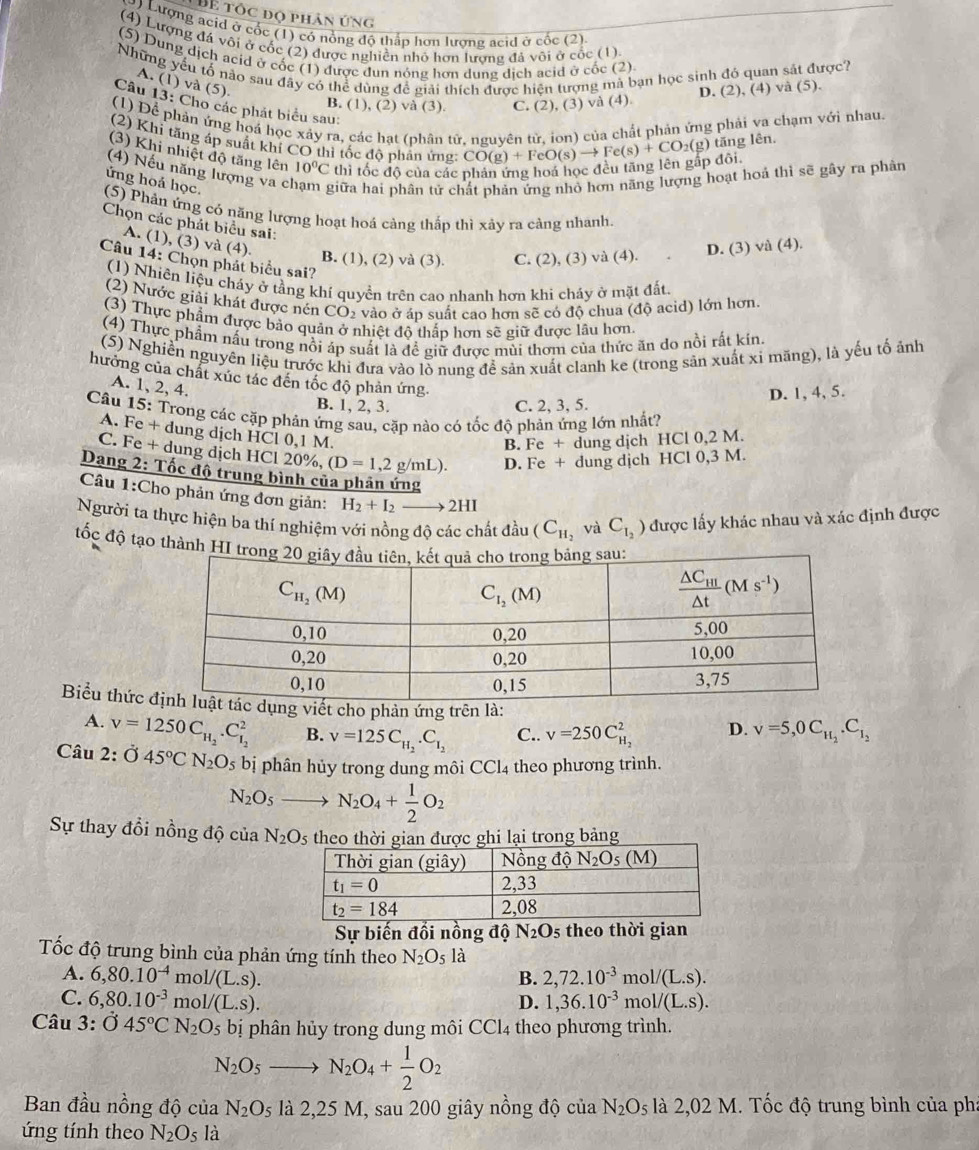 TBể tốc đọ phân ứng
9) Lượng acid ở cốc (1) có nồng độ thấp hơn lượng acid ở cốc (2)
(4) Lượng đá vôi ở cốc (2) được nghiên nhỏ hơn lương đá vôi ở cốc (1)
(5) Dung dịch acid ở cốc (1) được dun nóng hơn dung dịch acid ở cốc (2)
Những yểu tổ nảo sau đây có thể dùng để giải thích được hiện tượng mà bạn học sinh đó quan sắt được?
A. (1) và (5).
B. (1), (2) và (3). C. (2), (3) và (4) D. (2), (4) và (5).
Câu 13: Cho các phát biểu sau
(1) Để phản ứng hoá học xảy ra, các hạt (phân tử, nguyên tử, ion) của chất phản ứng phải va chạm với nhau
(2) Khi tăng áp suất khí CO thi tốc độ phan ứng
(3) Khi nhiệt độ tăng lên 10^0C thì tốc độ của các phản ứng hoá học đều tăng lên gấp đôi CO(g)+FeO(s)to Fe(s)+CO_2(g) tăng lên.
(4) Nếu năng lượng va c giữa hai phân tử chất phản ứng nhỏ hơn năng lượng hoạt hoả thì sẽ gây ra phân
ứng hoá học.
(5) Phân ứng có năng lượng hoạt hoá càng thấp thì xảy ra càng nhanh.
Chọn các phát biểu sai:
A. (1), (3) và (4).
B. (1), (2) và (3). C. (2), (3) và (4). D. (3) và (4).
Câu 14: Chọn phát biểu sai?
(1) Nhiên liệu cháy ở tầng khí quyền trên cao nhanh hơn khi cháy ở mặt đất.
(2) Nước giải khát được nén CO₂ vào ở áp suất cao hơn sẽ có độ chua (độ acid) lớn hơn.
(3) Thực phẩm được bảo quản ở nhiệt độ thấp hơn sẽ giữ được lâu hơn.
(4) Thực phẩm nấu trong nổi áp suất là để giữ được mùi thơm của thức ăn do nồi rất kín.
(5) Nghiền nguyên liệu trước khi đưa vào lồ nung để sản xuất clanh ke (trong sản xuất xỉ măng), là yếu tố ảnh
hưởng của chát xúc tác đến tốc độ phản ứng.
A. 1, 2, 4.
B. 1, 2, 3. C. 2, 3, 5. D. 1, 4, 5.
Câu 15: Trong các cặp phản ứng sau, cặp nào có tốc độ phản ứng lớn nhất?
A. Fe + dung dịch HCl 0,1 M.
B. Fe + dung dịch HCl 0,2 M.
C. Fe + dung dịch HCl 20%, (D=1,2g /mL). D. Fe + dung dịch HCl 0,3 M.
Dang 2: Tốc độ trung bình của phản ứng
Câu 1:Cho phản ứng đơn giản: H_2+I_2 2HI
Người ta thực hiện ba thí nghiệm với nồng độ các chất đầu (C_H_2 và C_I_2) được lấy khác nhau và xác định được
đốc độ tạo thành HI 
Biểu thức iết cho phản ứng trên là: v=5,0C_H_2.C_I_2
A. v=1250C_H_2.C_I_2^2 B. v=125C_H_2.C_I_2 C.. v=250C_H_2^2 D.
Câu 2: dot O 45°CN_2O_5 bị phân hủy trong dung môi CCl_4 theo phương trình.
N_2O_5to N_2O_4+ 1/2 O_2
Sự thay đổi nồng độ của N_2O_5 theo thời gian được ghi lại trong bảng
Sự biến đổi nồng độ N_2O_5 theo thời gian
Tốc độ trung bình của phản ứng tính theo N_2O_5 là
A. 6,80.10^(-4)mol/(L.s). 2,72.10^(-3) mol/ /(L.s).
B.
U
C. 6,80.10^(-3)mol/(L.s). 1,36.10^(-3) _101/(L.S).
D.
Câu 3: dot O45°CN_2O_5 bị phân hủy trong dung môi CCl4 theo phương trình.
N_2O_5to N_2O_4+ 1/2 O_2
Ban đầu nồng độ của N_2O_5 là 2,25 M, sau 200 giây nồng độ của N_2O_5 * là 2,02 M. Tốc độ trung bình của pha
ứng tính theo N_2O_5 là