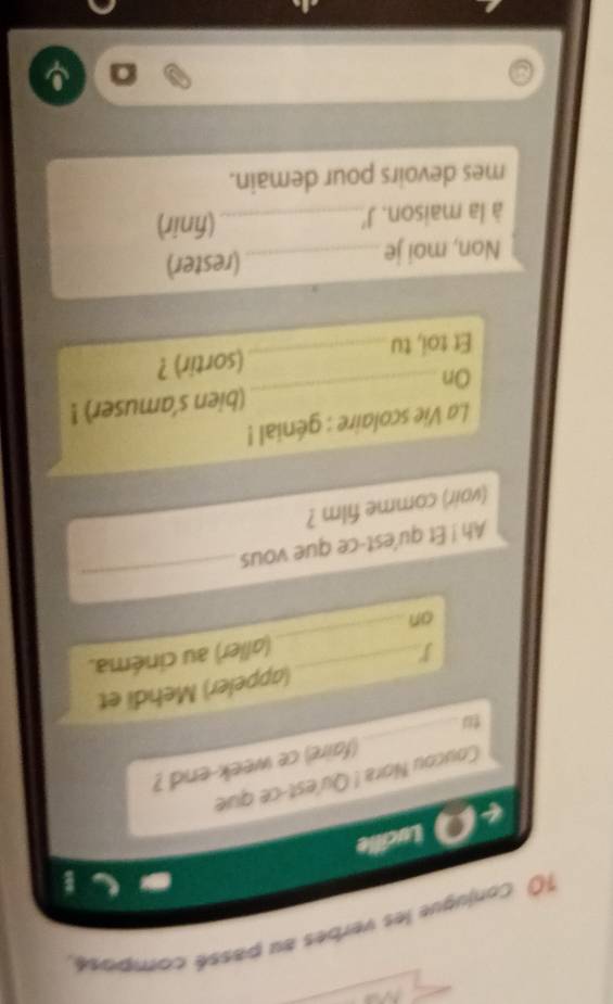 Conjugue les verbes au passé composé, 
Lucille 
_ 
Coucou Nora ! Qu'est-ce que 
(faire) ce week-end ? 
(appeler) Mehdi et 
J_ (aller) au cinéma. 
on 
_ 
Ah ! Et qu'est-ce que vous 
_ 
(vair) comme film ? 
La Vie scolaire : génial ! 
On_ (bien s'amuser) ! 
Et toi, tu_ (sortir) ? 
Non, moi je _(rester) 
à la maison. J'_ (finir) 
mes devoirs pour demain.