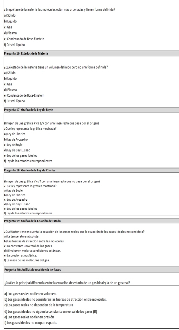 ¿En qué fase de la materia las moléculas están más ordenadas y tienen forma definida?
a) Sólido
b) Líquido
c) Gas
d) Plasma
e) Condensado de Bose-Einstein
f) Cristal líquido
Pregunta 16: Estados de la Matería
¿Qué estado de la materia tiene un volumen definido pero no una forma definida?
a) Sólido
b) Líquido
c) Gas
d) Plasma
e) Condensado de Bose-Einstein
f) Cristal líquido
Pregunta 17: Gráfica de la Ley de Boyle
(Imagen de una gráfica P vs 1/V con una línea recta que pasa por el origen)
¿Qué ley representa la gráfica mostrada?
a) Ley de Charles
b) Ley de Avogadro
c) Ley de Boyle
d) Ley de Gay-Lussac
e) Ley de los gases ideales
f) Ley de los estados correspondientes
Pregunta 18: Gráfica de la Ley de Charles
(Imagen de una gráfica V vs T con una línea recta que no pasa por el origen)
¿Qué ley representa la gráfica mostrada?
a) Ley de Boyle
b) Ley de Charles
c) Ley de Avogadro
d) Ley de Gay-Lussac
e) Ley de los gases ideales
f) Ley de los estados correspondientes
Pregunta 19: Gráfica de la Ecuación de Estado
¿Qué factor tiene en cuenta la ecuación de los gases reales que la ecuación de los gases ideales no considera?
a) La temperatura absoluta.
b) Las fuerzas de atracción entre las moléculas.
c) La constante universal de los gases
d) El volumen molar a condiciones estándar.
e) La presión atmosférica.
f) La masa de las moléculas del gas.
Pregunta 20: Análisis de una Mezcla de Gases
¿Cuál es la principal diferencia entre la ecuación de estado de un gas ideal y la de un gas real?
a) Los gases reales no tienen volumen.
b) Los gases ideales no consideran las fuerzas de atracción entre moléculas.
c) Los gases reales no dependen de la temperatura
d) Los gases ideales no siguen la constante universal de los gases (R)
e) Los gases reales no tienen presión
f) Los gases ideales no ocupan espacio.