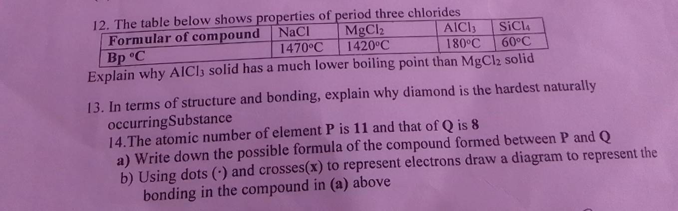 three chlorides
Explain why AlCl₃ solid has a much 
13. In terms of structure and bonding, explain why diamond is the hardest naturally
occurringSubstance
l4.The atomic number of element P is 11 and that of Q is 8
a) Write down the possible formula of the compound formed between P and Q
b) Using dots (·) and crosses(x) to represent electrons draw a diagram to represent the
bonding in the compound in (a) above