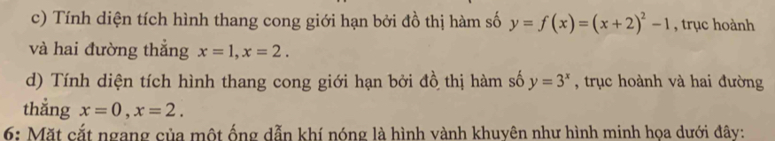 Tính diện tích hình thang cong giới hạn bởi đồ thị hàm số y=f(x)=(x+2)^2-1 , trục hoành 
và hai đường thắng x=1, x=2. 
d) Tính diện tích hình thang cong giới hạn bởi đồ thị hàm số y=3^x , trục hoành và hai đường 
thẳng x=0, x=2. 
6: Mặt cắt ngang của một ống dẫn khí nóng là hình vành khuyên như hình minh họa dưới đây: