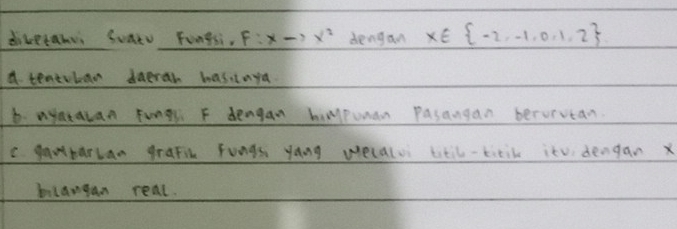 divetanus Suato Fungsi. F:xto x^2 dengan x∈  -2,-1,0,1,2
a tentuban daeran hasicaya 
6. uyataran Fungl F dengan himpuman pasangan berorvcan. 
c. gambarlan grafih fungs yong wecalvi titil-titik itv dengan x
bilangan real.