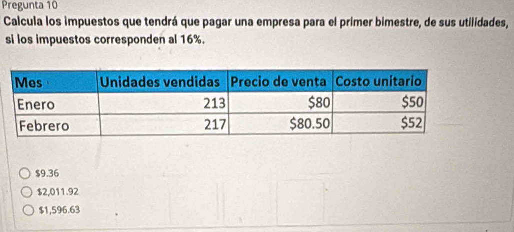 Pregunta 10
Calcula los impuestos que tendrá que pagar una empresa para el primer bimestre, de sus utilidades,
si los impuestos corresponden al 16%.
$9.36
$2,011.92
$1,596.63