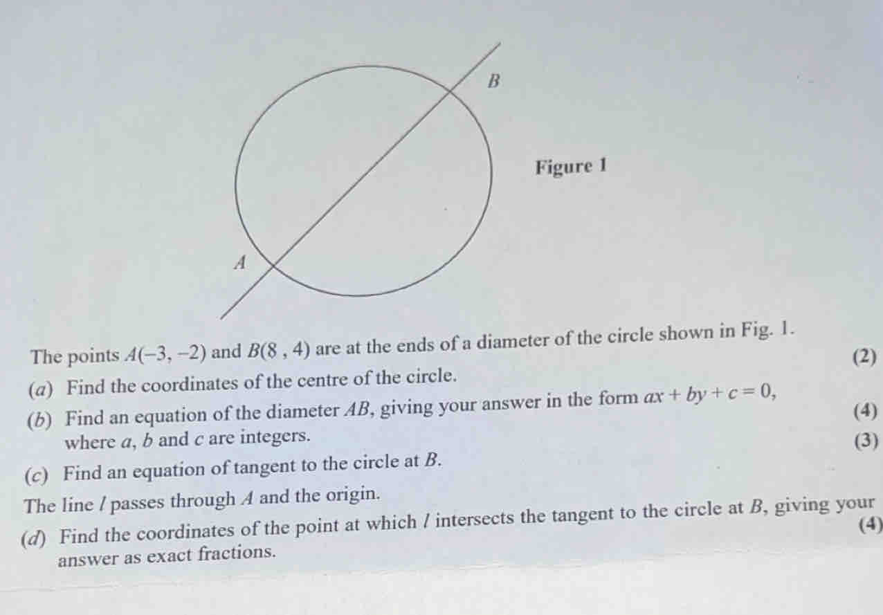 The points A(-3,-2) and B(8,4) are at the ends of a diameter of the circle shown in Fig. 1. 
(2) 
(a) Find the coordinates of the centre of the circle. 
(b) Find an equation of the diameter AB, giving your answer in the form ax+by+c=0, (4) 
where a, b and c are integers. (3) 
(c) Find an equation of tangent to the circle at B. 
The line / passes through A and the origin. 
(d) Find the coordinates of the point at which / intersects the tangent to the circle at B, giving your 
(4) 
answer as exact fractions.