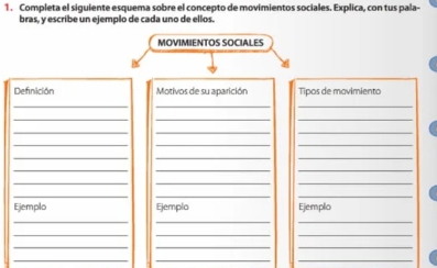 Completa el siguiente esquema sobre el concepto de movimientos sociales. Explica, con tus pala- 
bras, y escribe un ejemplo de cada uno de ellos. 
MOVIMIENTOS SOCIALES 
Definición Motivos de su aparición Tipos de movimiento 
_ 
_ 
_ 
_ 
__ 
_ 
__ 
_ 
__ 
_ 
__ 
_ 
__ 
_ 
__ 
_ 
__ 
Ejemplo Ejemplo Ejemplo 
_ 
__ 
_ 
__ 
_ 
__ 
_ 
__