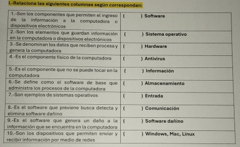 Relaciona las siguientes columnas según correspondan: 
recibir información por medio de redes