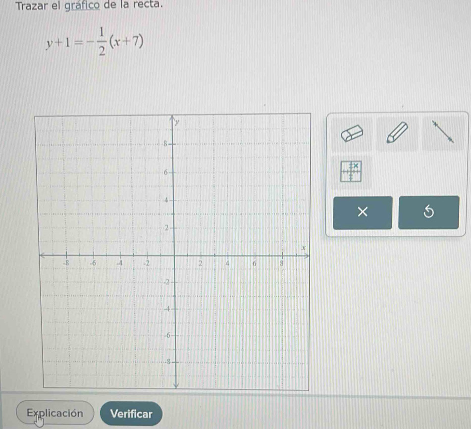 Trazar el gráfico de la recta.
y+1=- 1/2 (x+7)
× 
Explicación Verificar