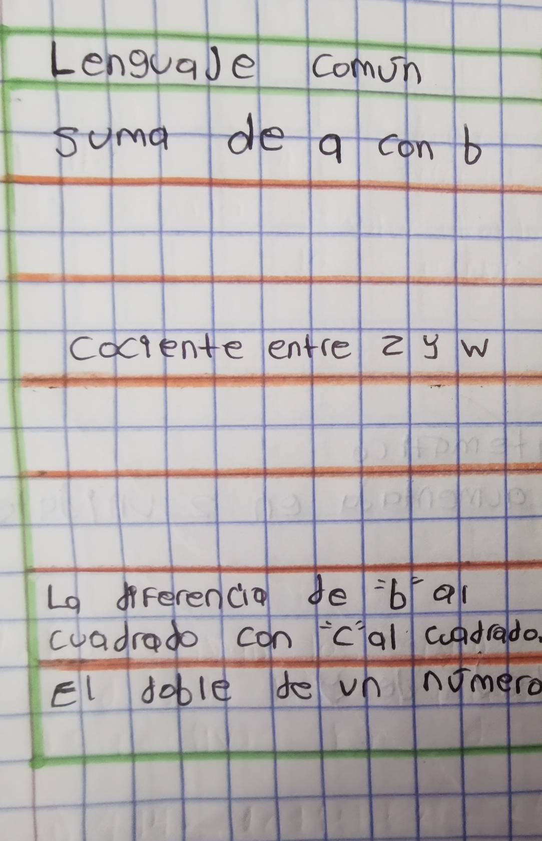 Lenguale comun 
suma de a con b
cociente entre Z y w 
L9 diferencia de b al 
cuadrado con `cial cupdrado. 
El Joble de vh ngmero