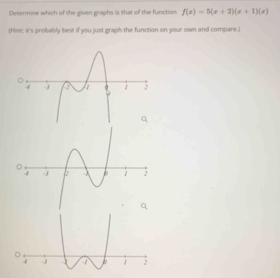 Determine which of the given graphs is that of the function f(x)=5(x+2)(x+1)(x)
(Hint: it's probably best if you just graph the function on your own and compare.)
-4 -3 -x 1 1 2