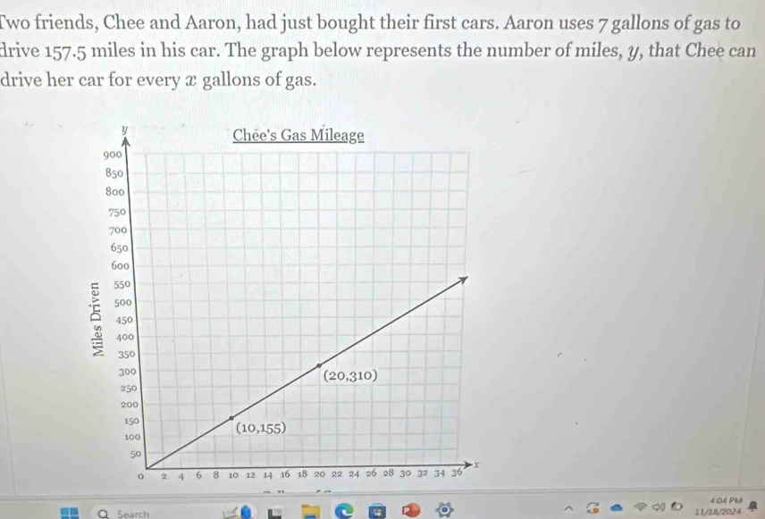 Two friends, Chee and Aaron, had just bought their first cars. Aaron uses 7 gallons of gas to
drive 157.5 miles in his car. The graph below represents the number of miles, y, that Chee can
drive her car for every æ gallons of gas.
4:04 PM
Search 11/18/2024