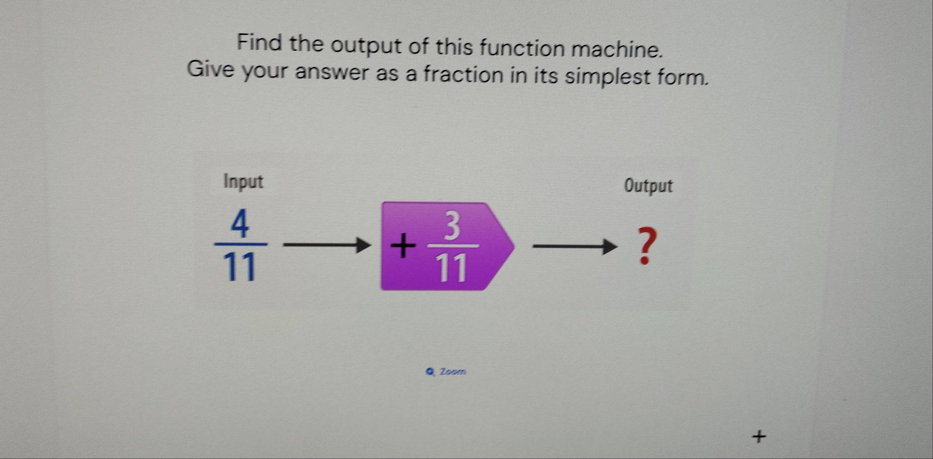 Find the output of this function machine. 
Give your answer as a fraction in its simplest form. 
Input Output
 4/11 
+ 3/11 
? 
Zoom 
+